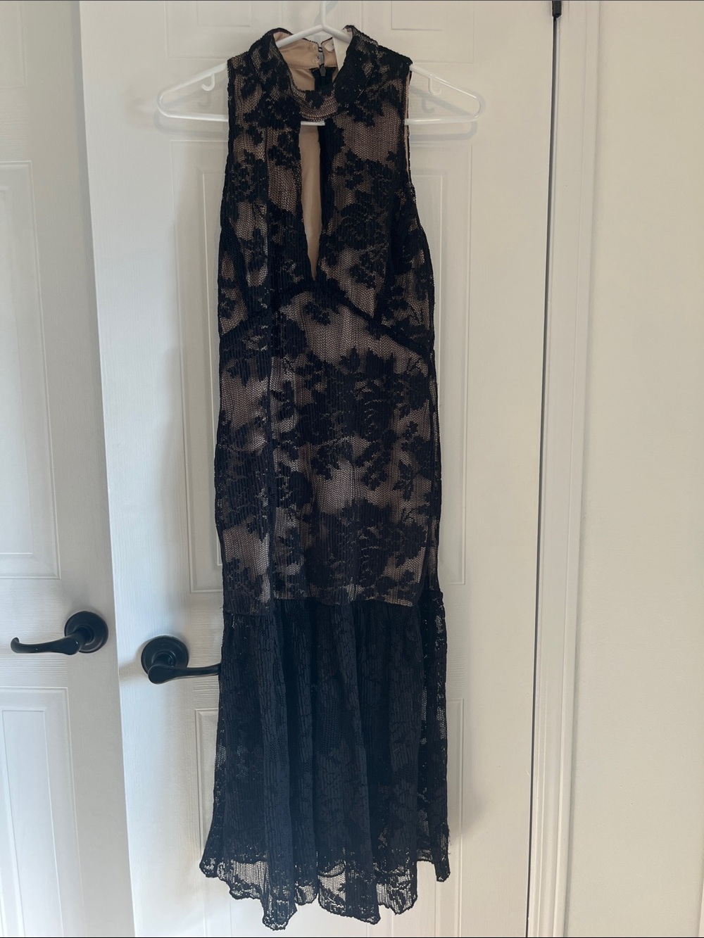 Black Lace Overlay Sleeveless Midi Dress with Nude Lining